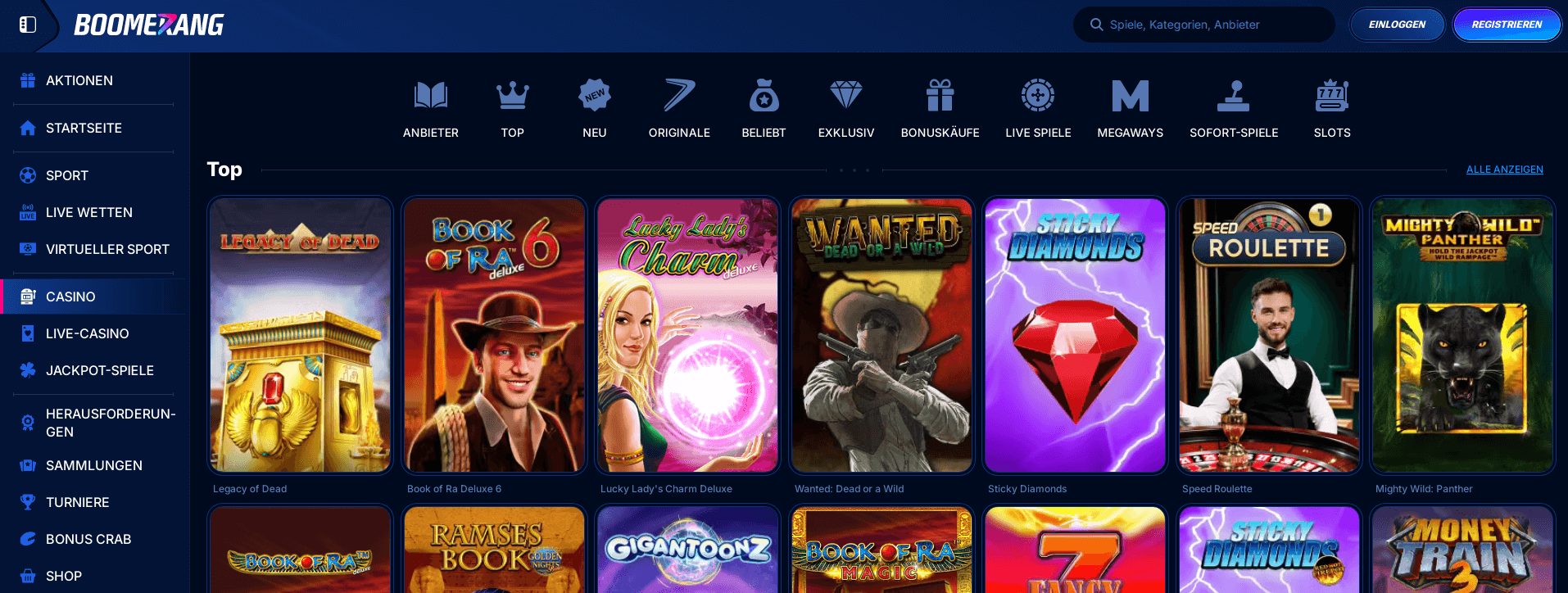 Boomerang-Bet Casino Spiele