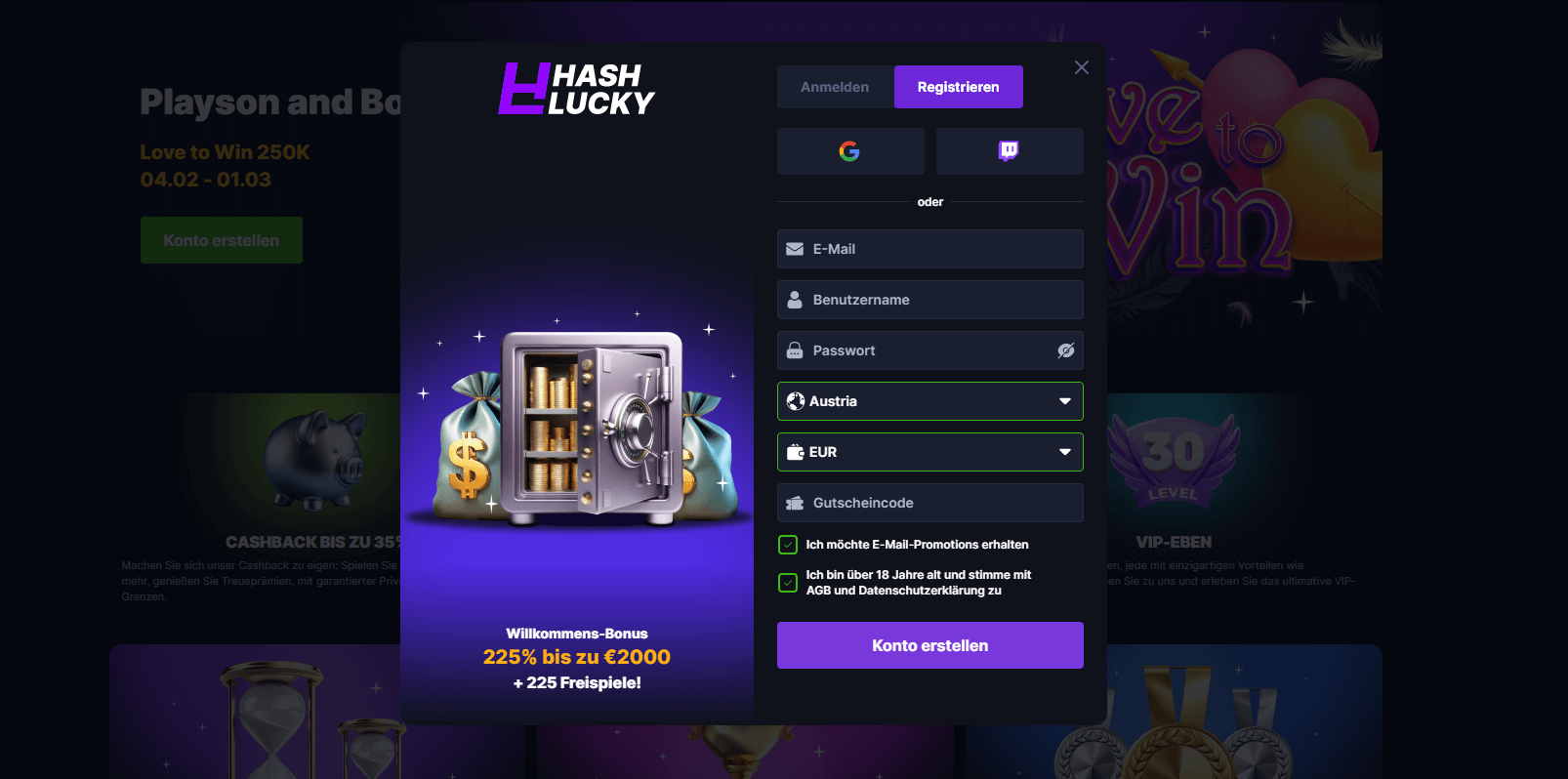 Hashlucky Casino Konto erstellen