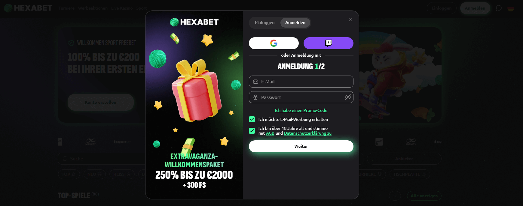 Hexabet Casino Konto erstellen